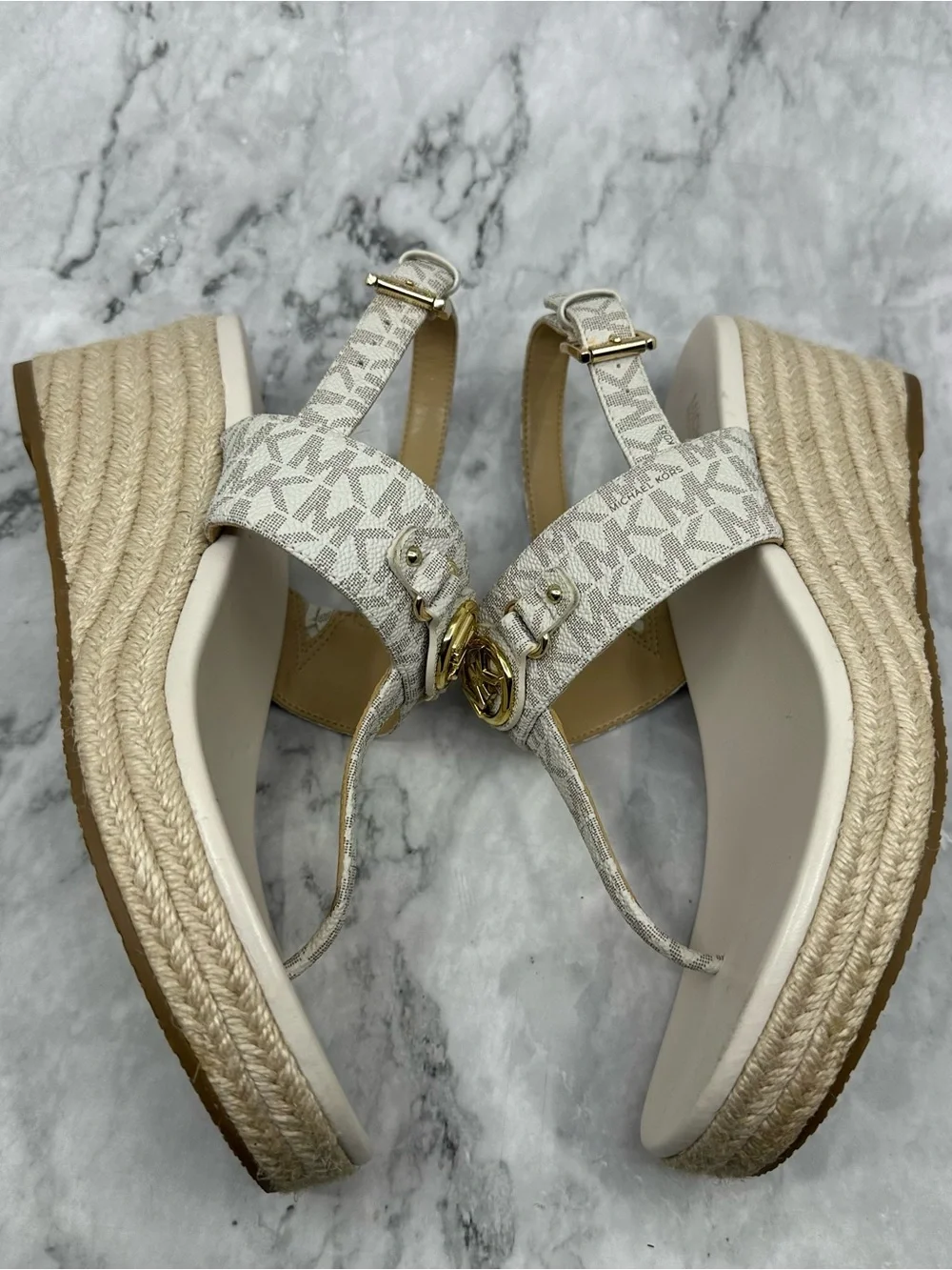 Michael Kors Ivory Logo T-Strap Sandals with Gold MK Medallion